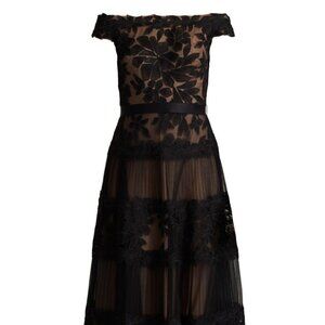 Tadashi Shoji Black Embroidered Off the Shoulder Midi Dress, Size 12 NWOT